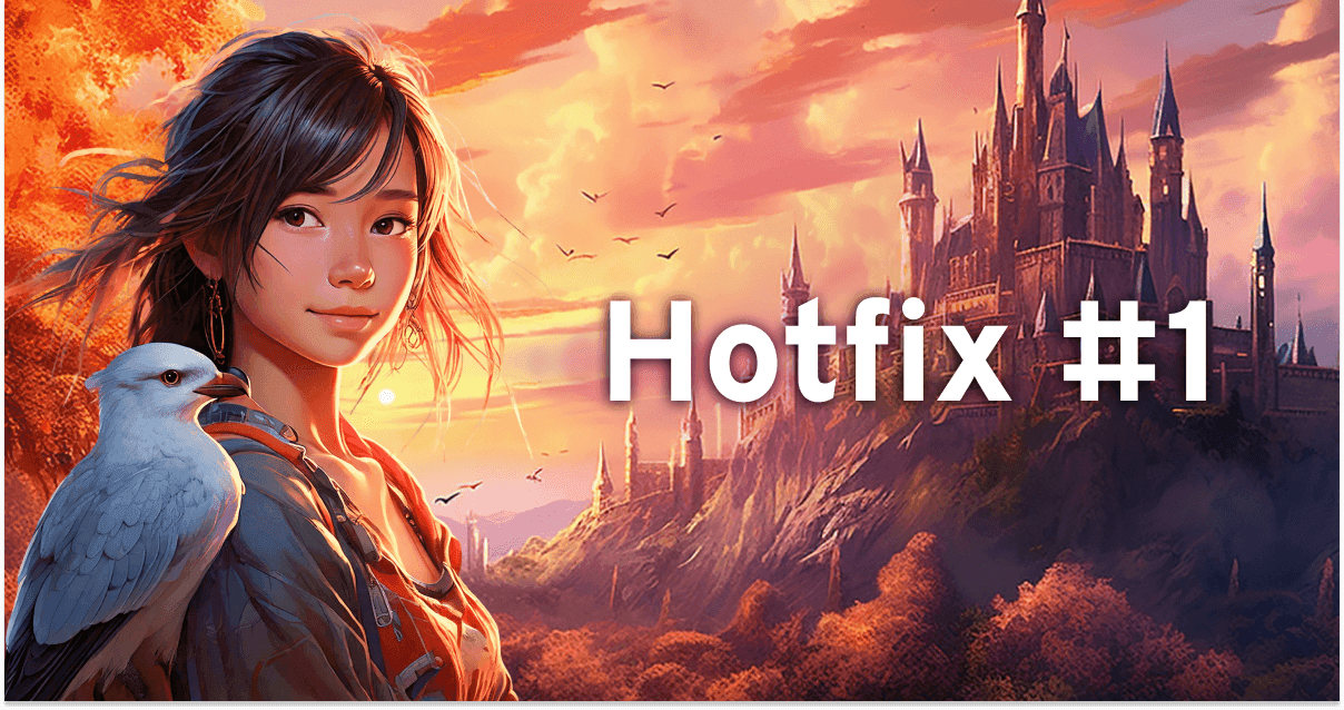 Summon Worlds bug fixes. Visual highlighting key features and enhancements in the software update A girl stands in front of a castle at sunset
