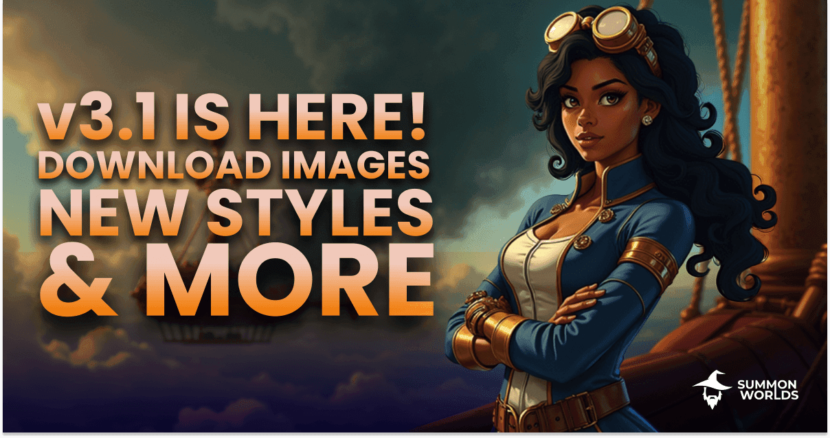 Promotional banner for Summon Worlds 3.1 update. The text reads: 'Summon Worlds 3.1 is Here! Download Images, New Styles & More.' The background features a fantasy-themed steampunk scene with a sky full of clouds and an airship floating in the distance. On the right, a confident woman with curly black hair, golden earrings, and steampunk-style goggles on her head is depicted wearing a navy blue and gold-trimmed jacket over a white top. Her arms are crossed as she gazes forward. The Summon Worlds logo, featuring a wizard hat and beard icon, is located in the bottom right corner.