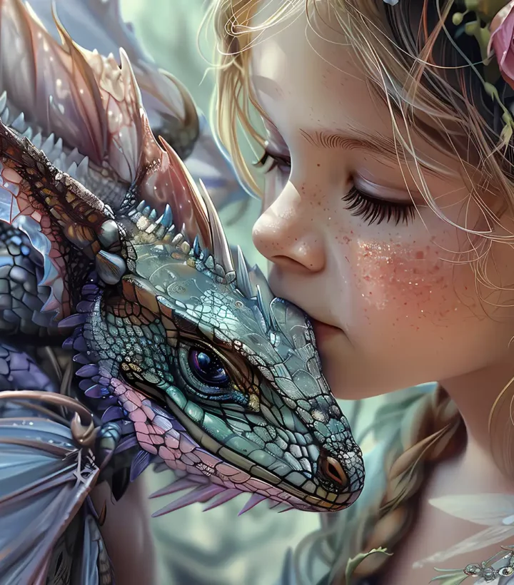 Freckled girl tenderly kissing her small armored dragon companion – intimate bond between child and mythical creature