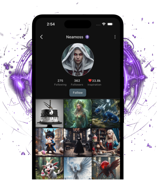 The image displays a phone screen featuring a dark-mode profile of "Neamoss" on a creative or social platform. The user’s profile picture shows a pale-skinned character with red eyes and a hood, evoking a mysterious, fantasy character. The profile shows "275 Following," "362 Followers," and "33.8k Inspiration" (marked by a heart icon). Below the profile are nine images from the gallery: a black-and-white dripping cake with a yin-yang symbol, an ethereal green-clad woman, a blue dragon, a chibi-style doll character, a gothic figure in a dark cityscape, and various other fantasy-themed art. The phone is surrounded by glowing, purple, magical designs that enhance the mystical aesthetic of the profile.
