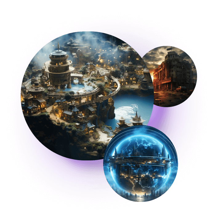 Fantasy artwork featuring three scenes: a circular city in a mystical landscape, a futuristic dome over a cityscape, and a small city beside a fiery, stormy sky.