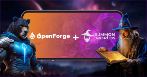 A mystical scene featuring a powerful bear warrior and a wise wizard reading an enchanted book, with a mobile phone in the center displaying the OpenForge and Summon Worlds logos. This visual highlights the Summon Worlds Community Update announcing the acquisition of Summon Worlds by OpenForge and exciting developments for the Summon Worlds AI app