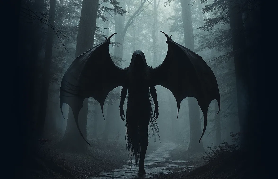 Silhouetted dark figure with large bat-like wings and a tattered cloak standing on a misty forest path – ominous AI-generated fantasy creature for horror worldbuilding, villain design, or gothic storytelling.