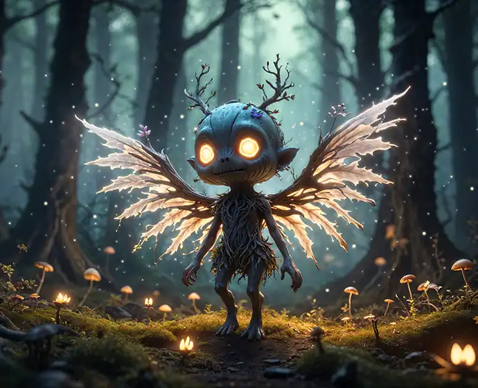 Whimsical glowing-eyed forest sprite with twig antlers, leafy wings, and a carved pumpkin-like head, standing in a magical mushroom-lit glade – AI-generated fantasy creature ideal for Halloween storytelling, enchanted worlds, or RPG folklore.
