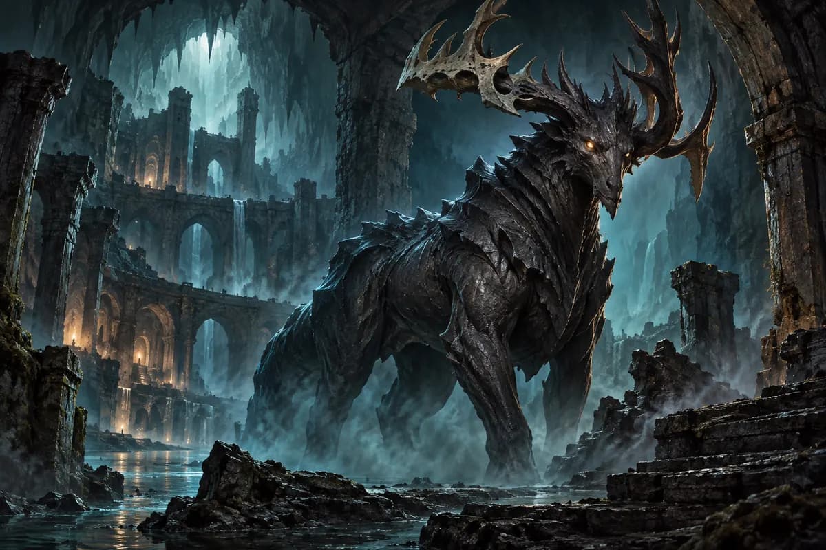 Original horned fantasy monster emerging from a ruined underground passage