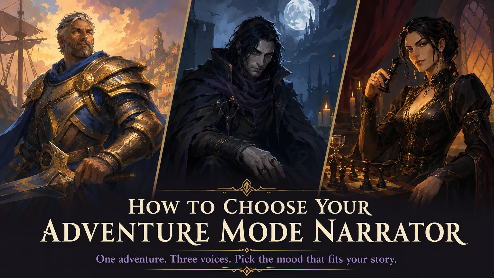 Orin the Bold, Morvain the Hollow, and Lysara the Veiled Adventure Mode Narrators
