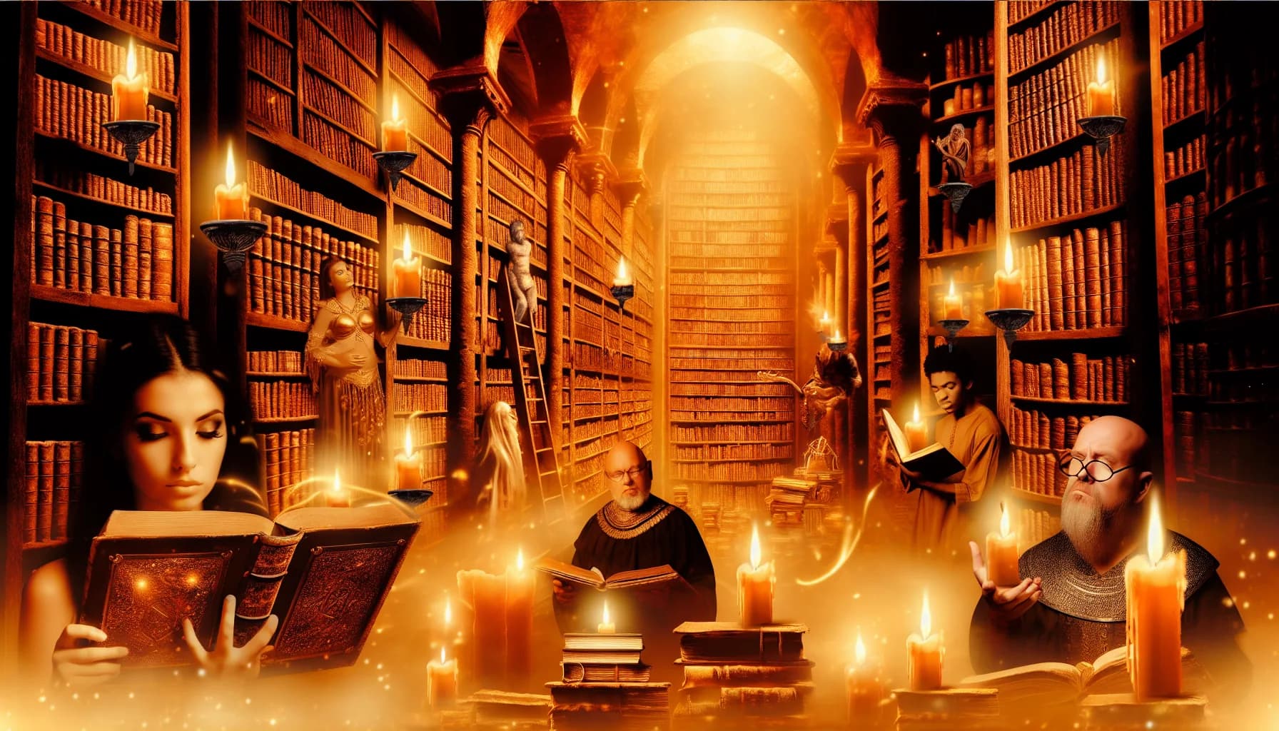 Ancient library of lore with towering shelves and glowing tomes