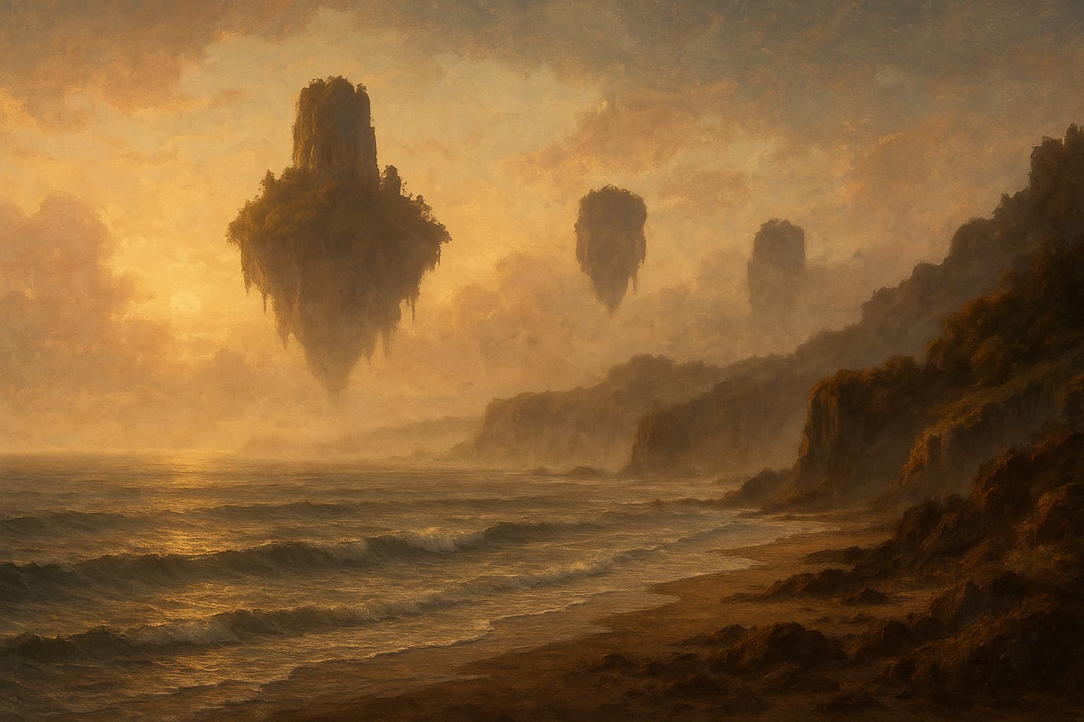A wide fantasy coastline at dawn with ships on the horizon