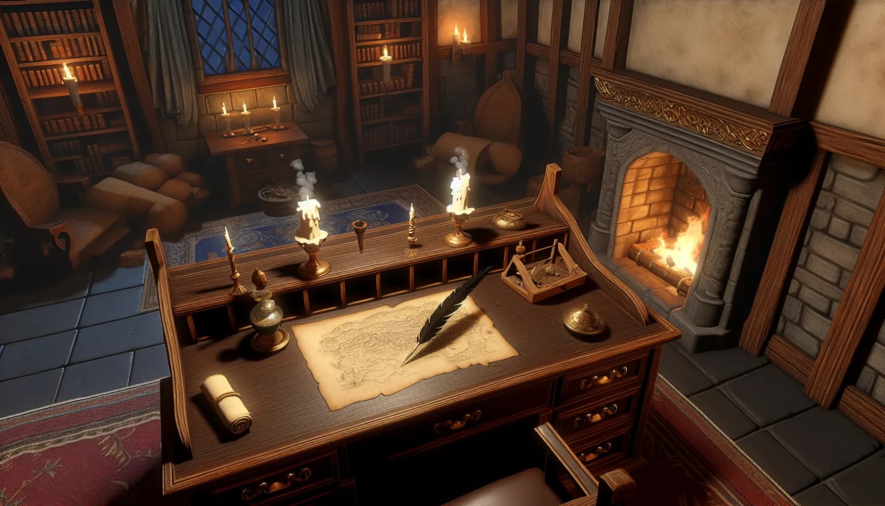 Writer desk with fantasy maps, sketches, and a lit candle