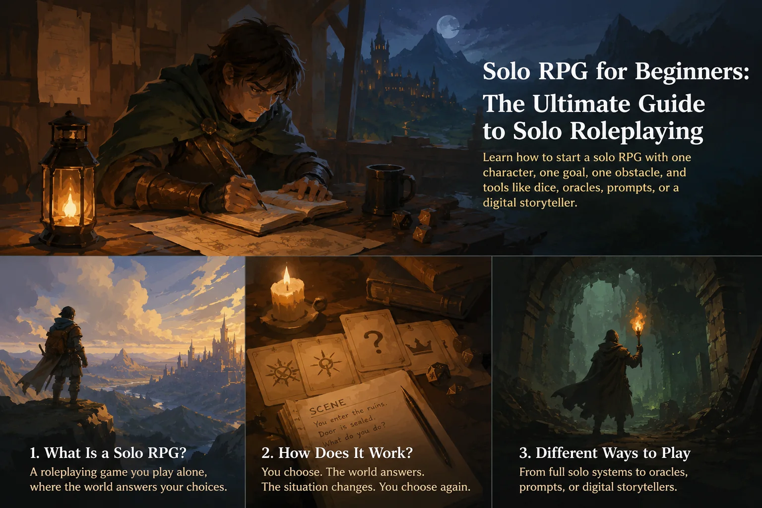 A beginner solo roleplaying guide with a Character, oracle tools, and fantasy scenes