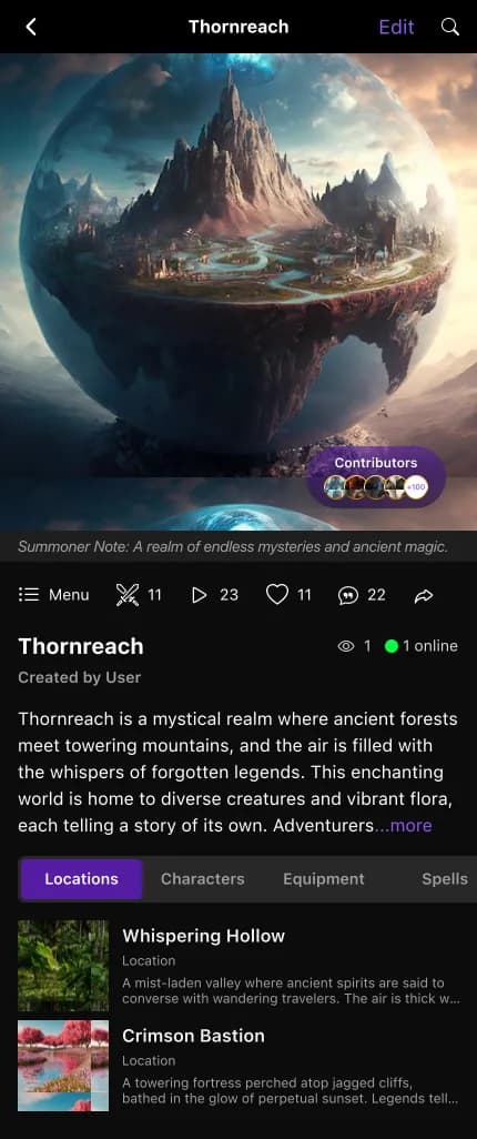 The Thornreach world page in the Summon Worlds app