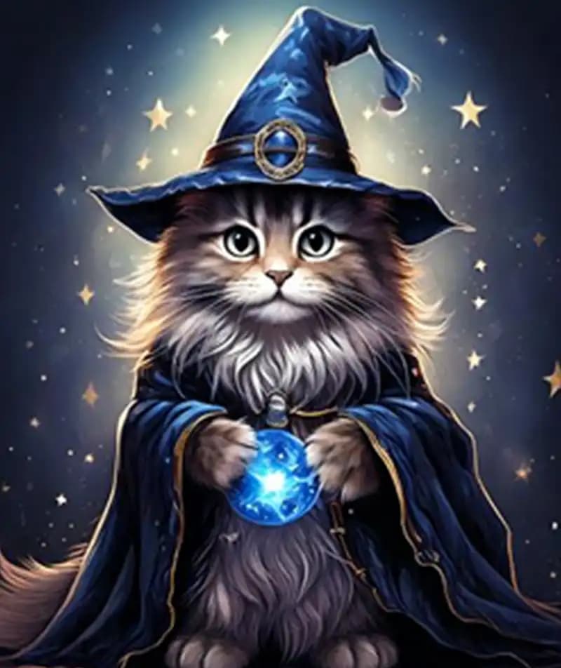 A magical cat character wearing ornate fantasy clothing