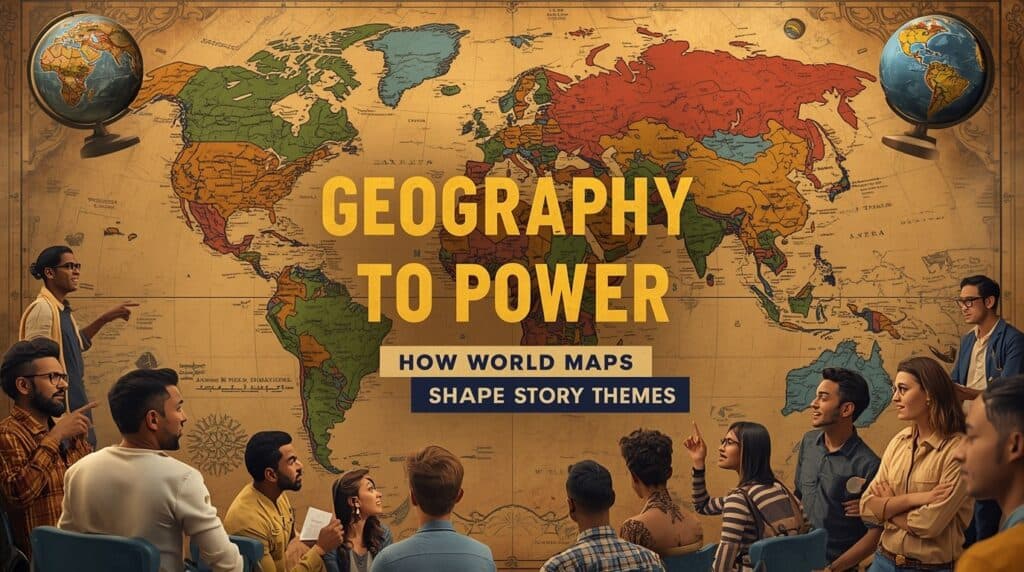 From Geography to Power: How World Maps of Continents Shape Story Themes
