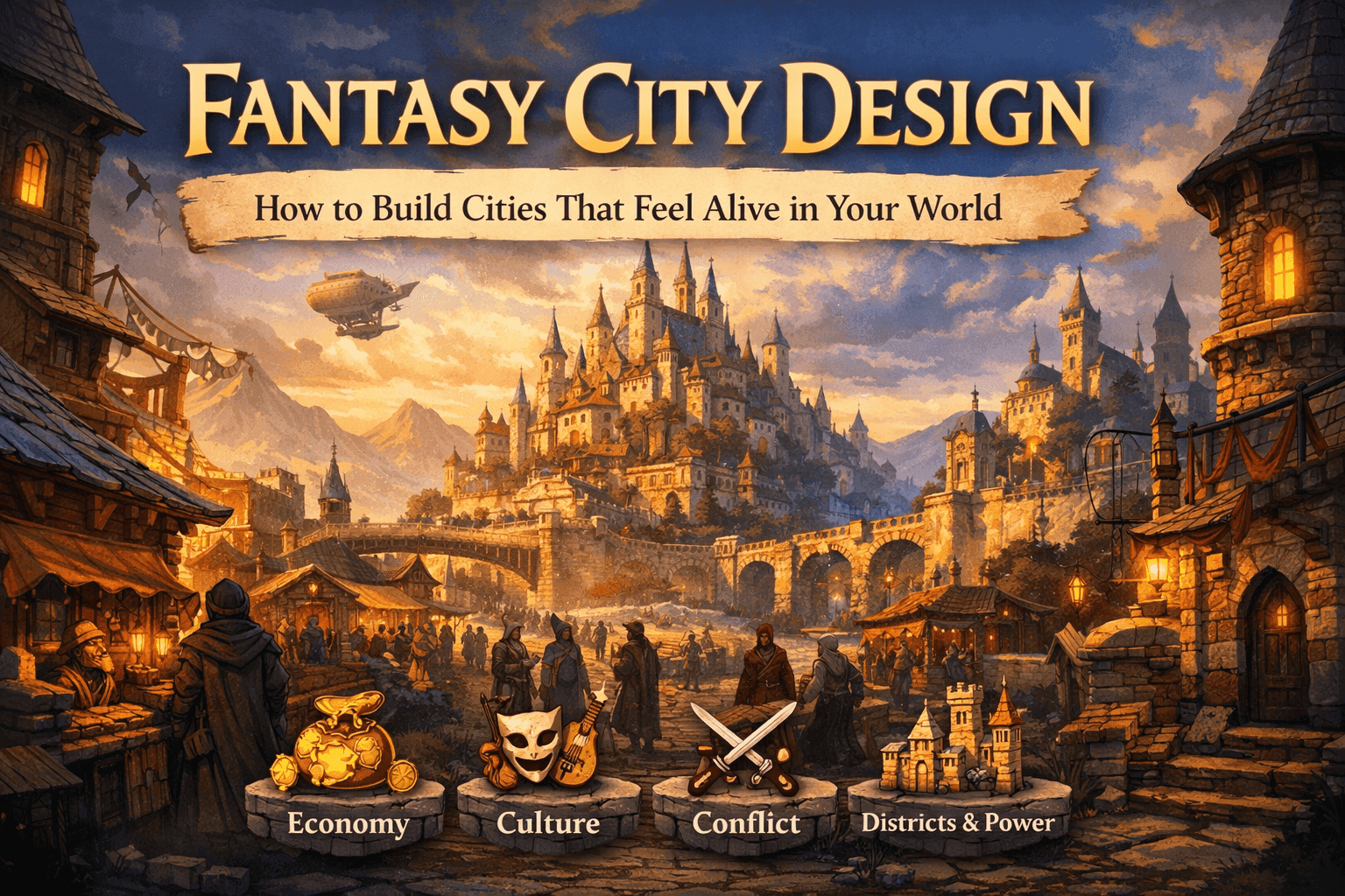 A detailed fantasy city used for worldbuilding