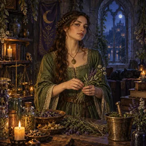 Medieval woman herbalist arranging plants in a candlelit apothecary
