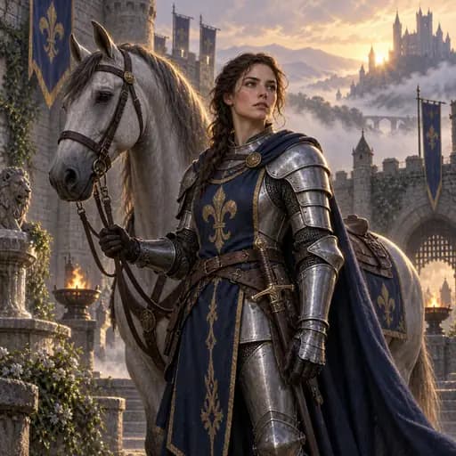 Woman knight in silver armor beside a horse in a medieval courtyard