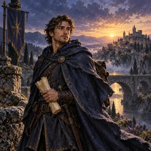Medieval traveler holding a parchment beside a bridge and hilltop town