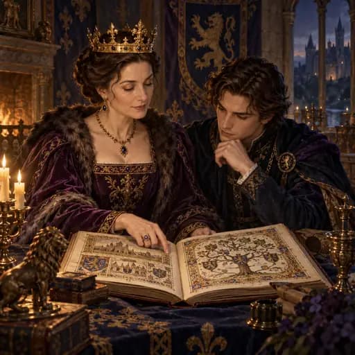 Medieval queen and heir reading an illuminated family chronicle