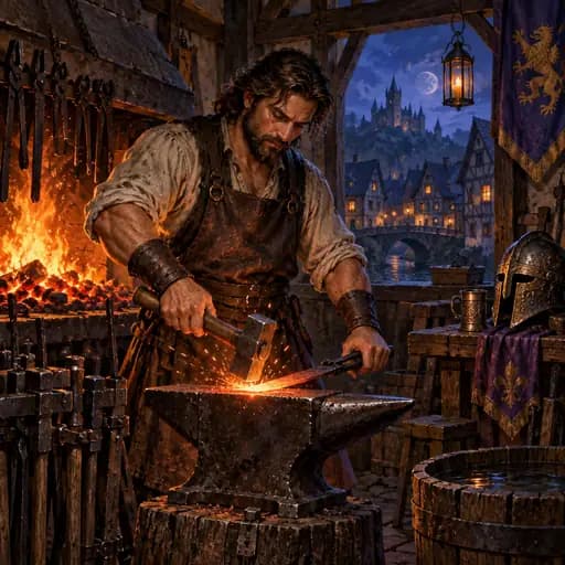 Medieval blacksmith working at an orange-lit forge in a timber workshop