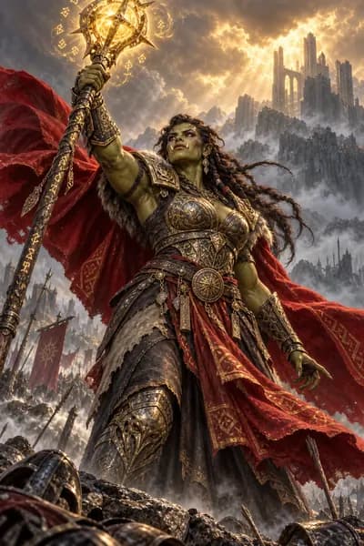 Battle wizard raising a glowing staff above a fantasy battlefield