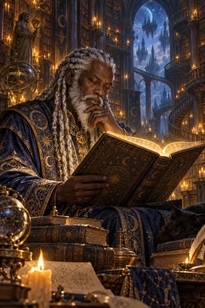Ancient wizard studying a glowing spellbook in a candlelit library