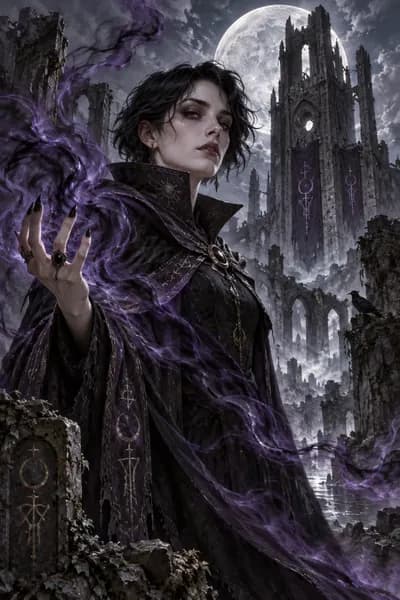 Dark wizard surrounded by shadow magic beneath a ruined tower