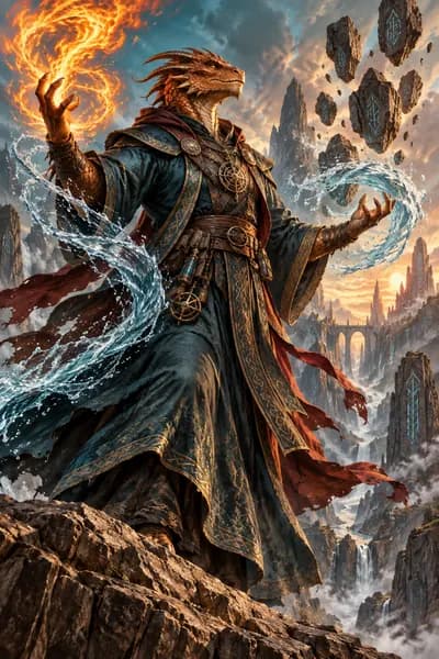 Elemental wizard commanding wind, fire, water, and stone