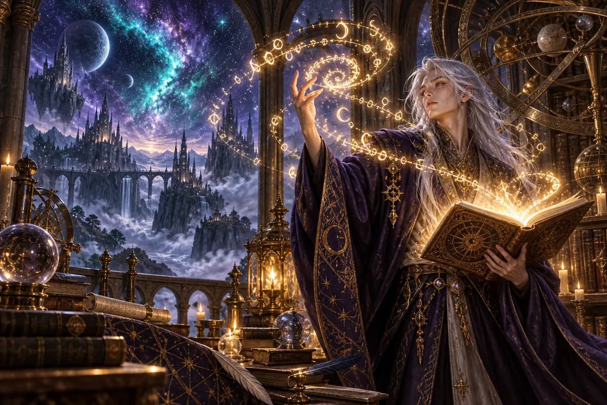 Wizard conjuring glowing letters inside an arcane observatory