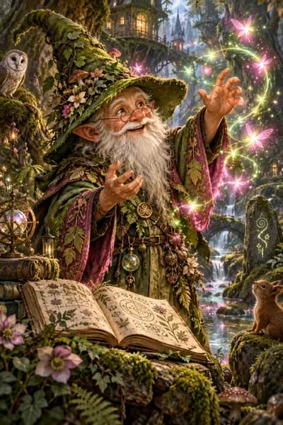 Whimsical wizard casting colorful magic inside an enchanted forest