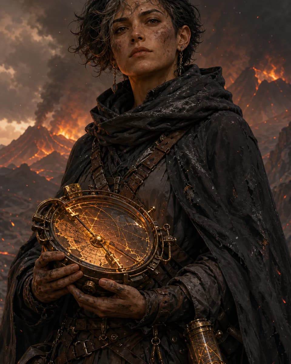 A fantasy cartographer holding a glowing brass instrument