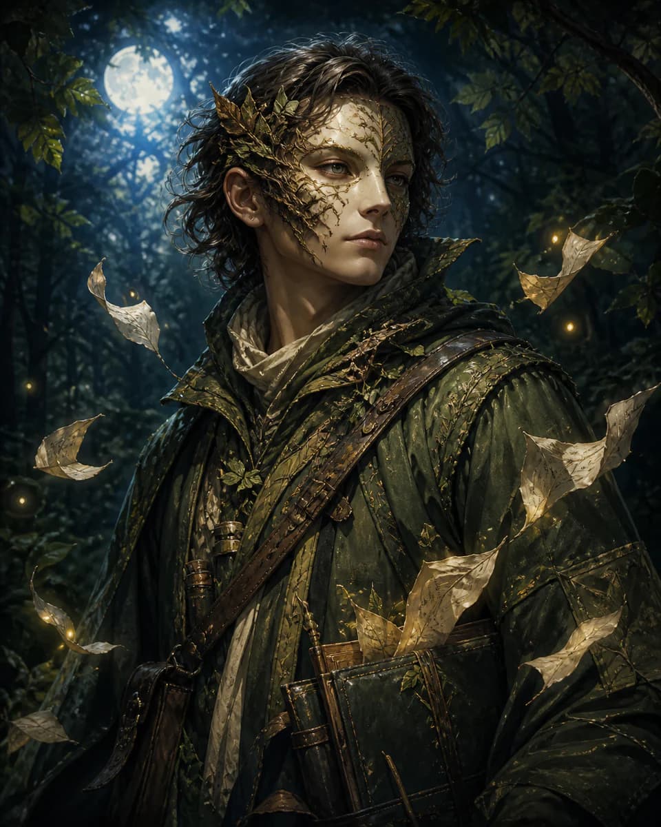 A fantasy archivist carrying books beneath moonlit trees