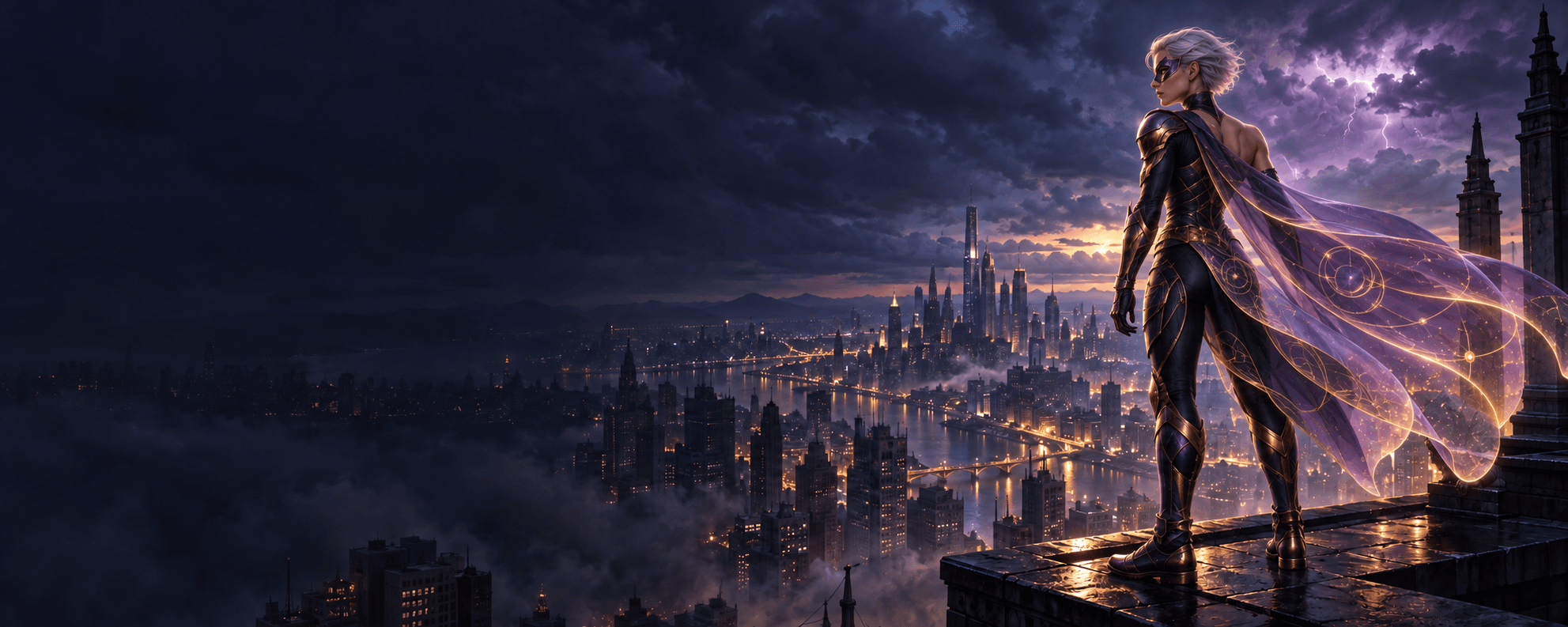 An original silver-haired superhero overlooking a luminous city beneath a violet storm