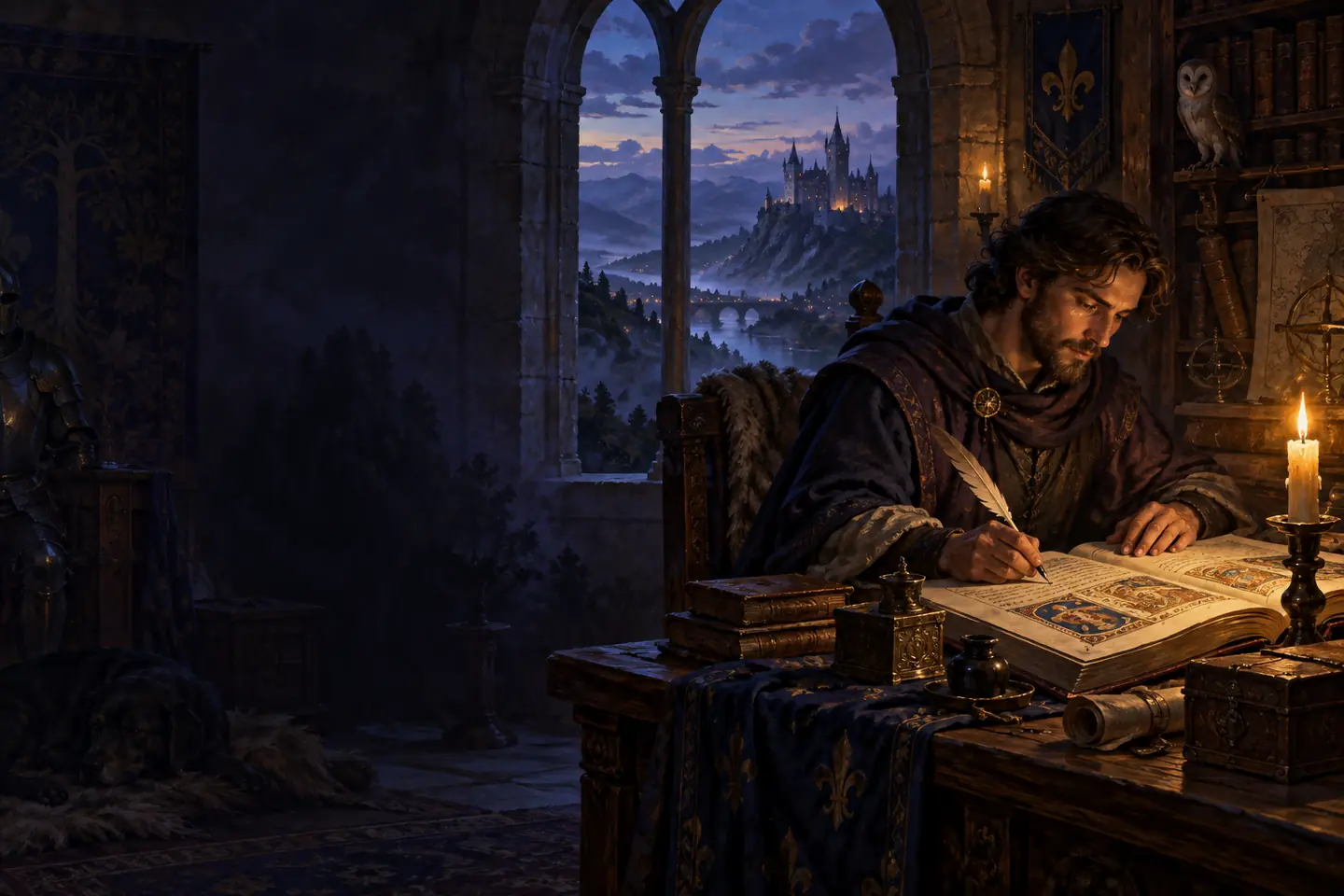Medieval scribe recording character names in an illuminated manuscript