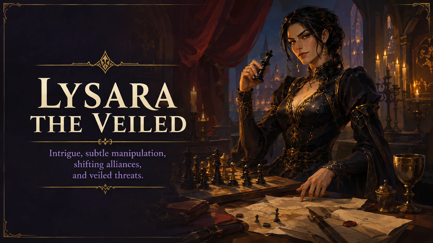 Lysara the Veiled, the intrigue-focused Adventure Mode Narrator for secrets and shifting alliances