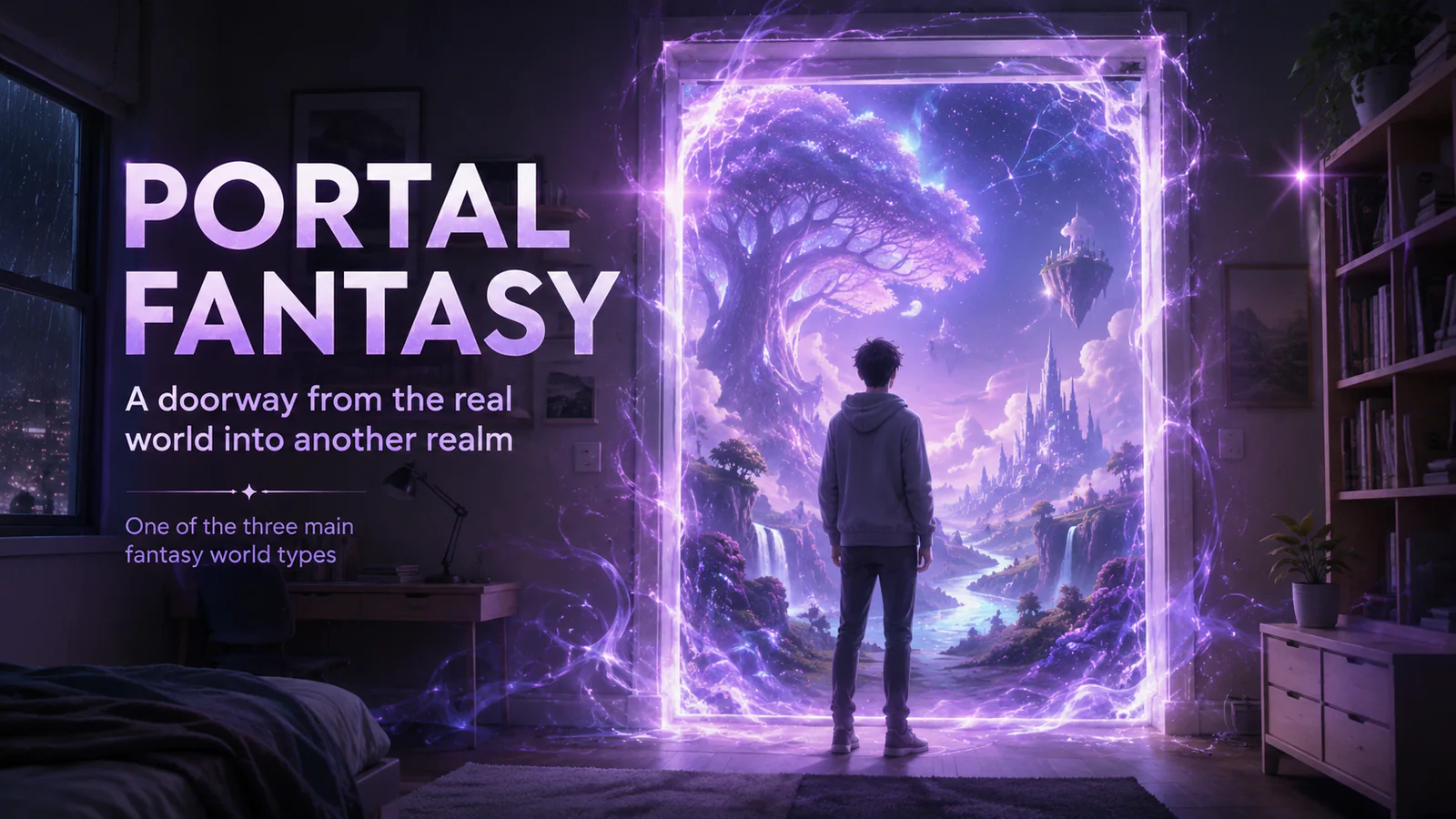 Portal fantasy doorway leading from the real world into a magical realm