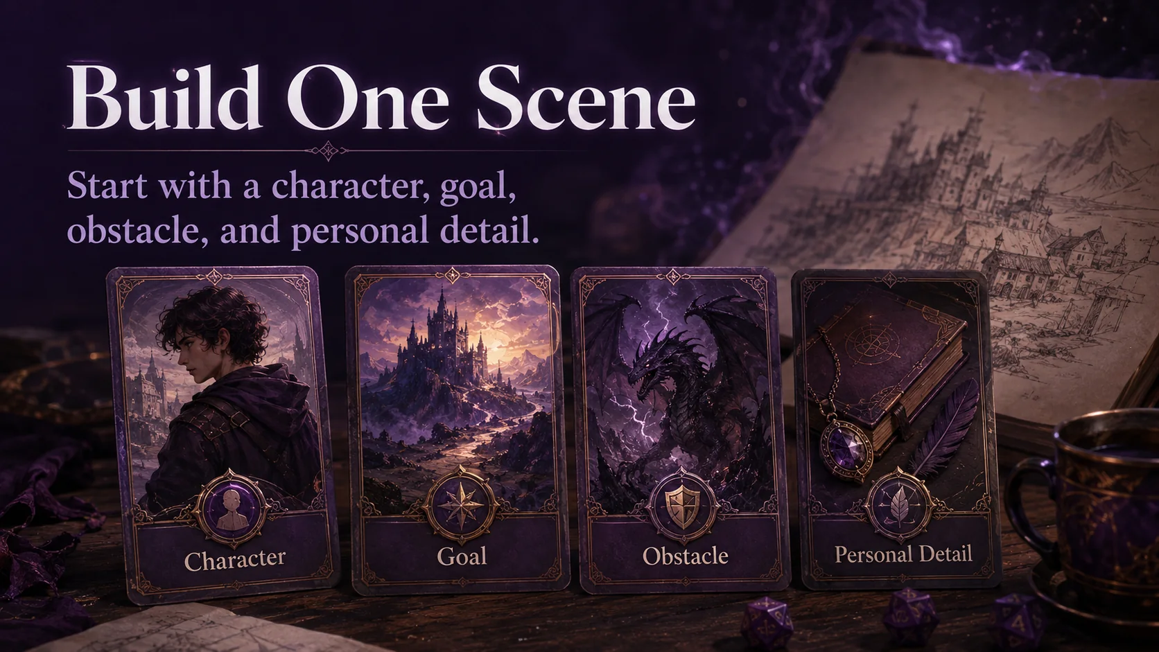 The four building blocks for a first solo RPG scene: Character, goal, obstacle, and personal detail