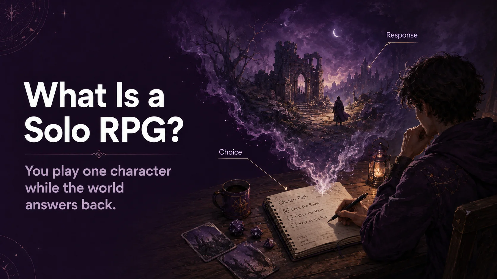 A solo RPG player makes a choice while the fantasy World responds