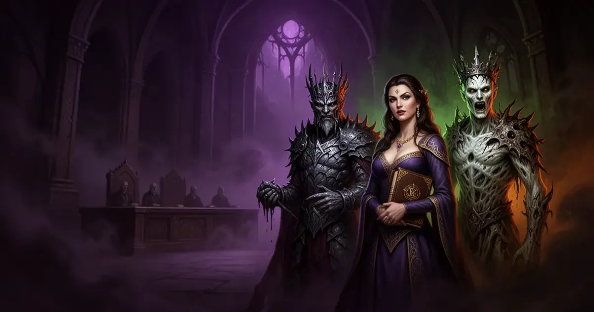 An iron-crowned tyrant, a merchant prince, and an undead revenant in a shadowed fantasy council chamber