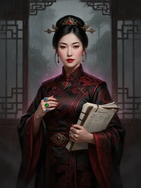 Original female-presenting merchant prince fantasy portrait for Skarrik the Gilded