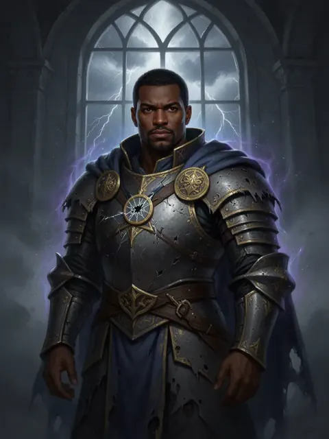 Original male-presenting fallen hero fantasy portrait for Corven the Betrayed