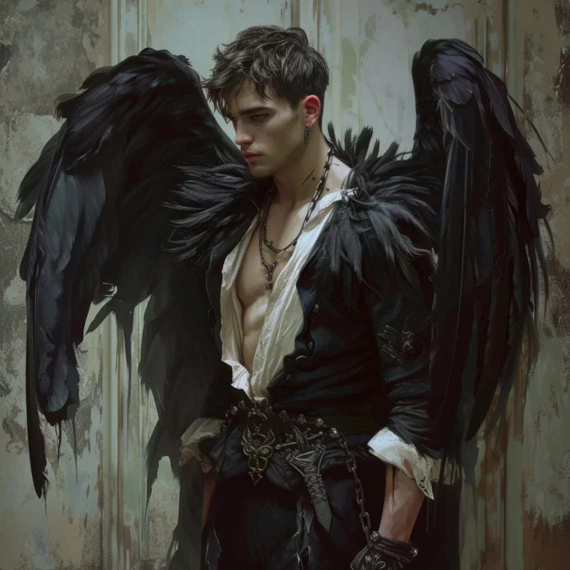 Mysterious dark-winged figure standing in a weathered, ancient chamber with torn walls—AI-generated gothic fantasy character ideal for dark lore, storytelling, and immersive roleplay in Summon Worlds.