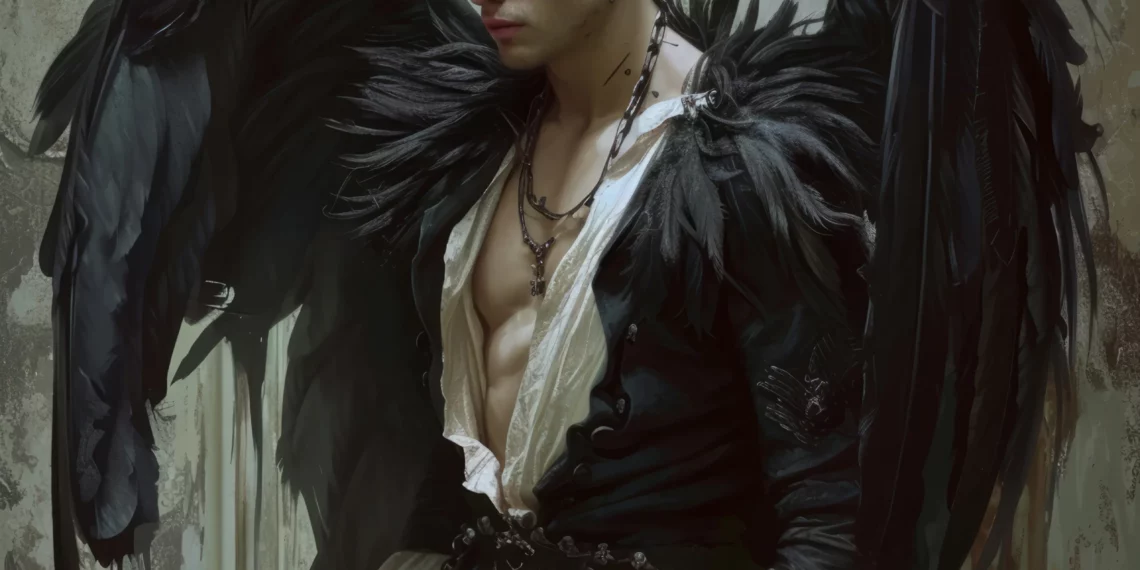 Mysterious dark-winged figure standing in a weathered, ancient chamber with torn walls—AI-generated gothic fantasy character ideal for dark lore, storytelling, and immersive roleplay in Summon Worlds.