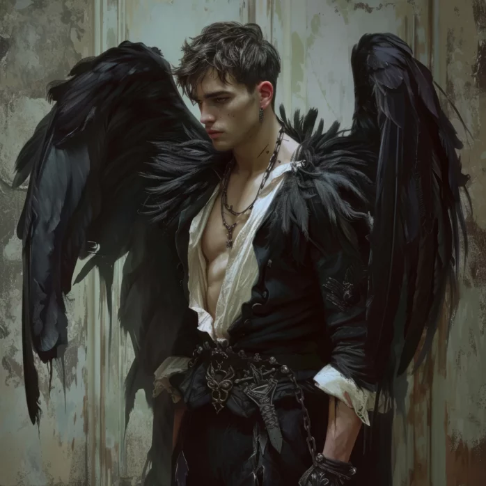 Mysterious dark-winged figure standing in a weathered, ancient chamber with torn walls—AI-generated gothic fantasy character ideal for dark lore, storytelling, and immersive roleplay in Summon Worlds.