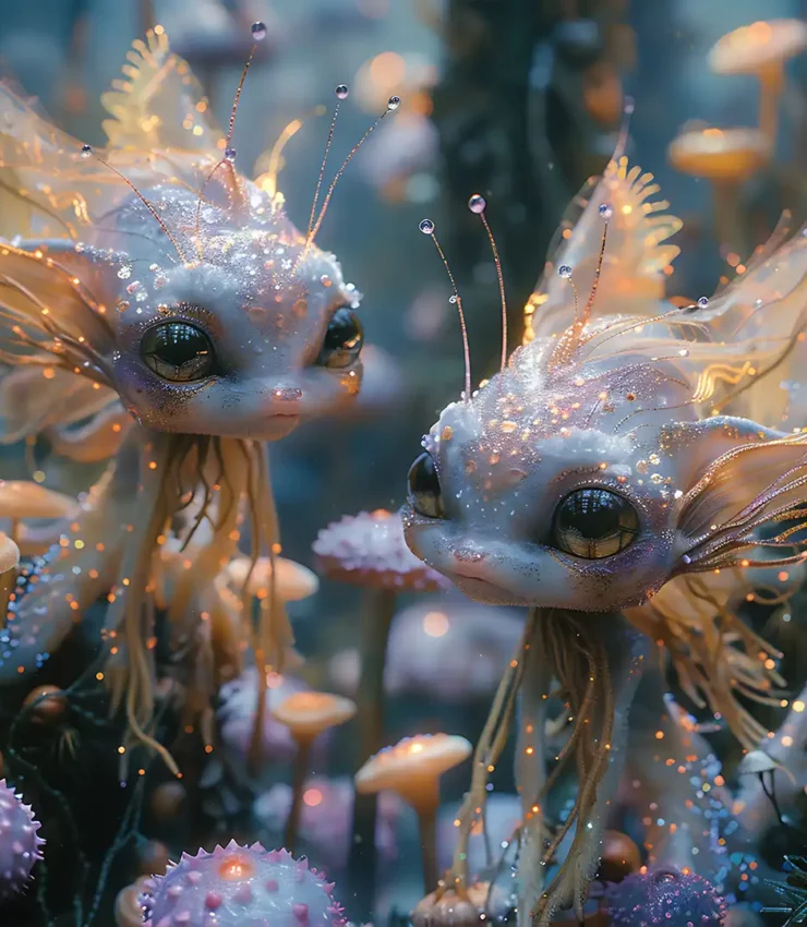 Two bioluminescent aquatic creatures with expressive eyes and shimmering tendrils float among glowing fungi – whimsical fantasy beings perfect for underwater realms and magical storytelling.