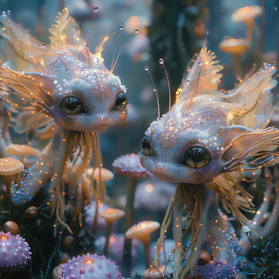 Two bioluminescent aquatic creatures with expressive eyes and shimmering tendrils float among glowing fungi – whimsical fantasy beings perfect for underwater realms and magical storytelling.