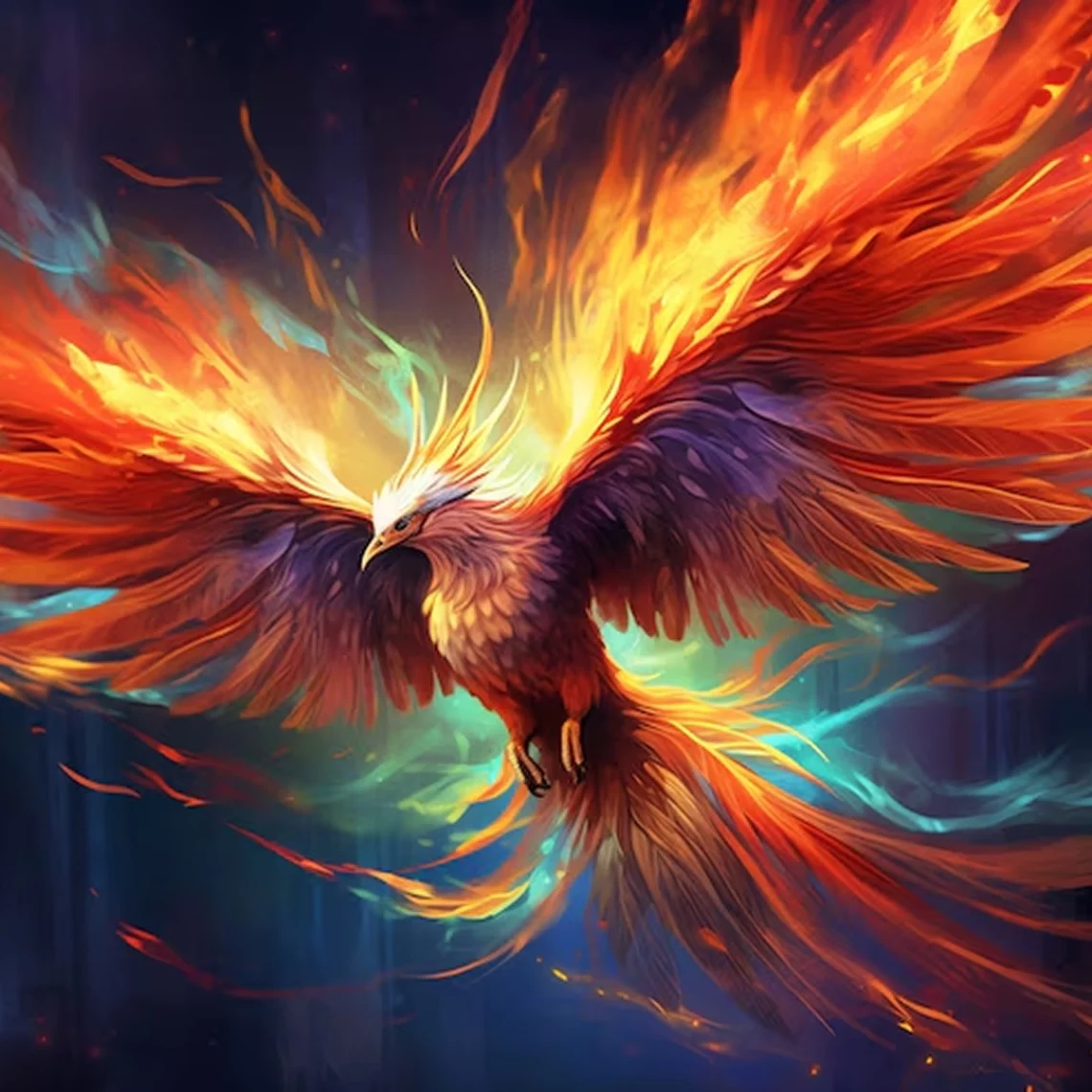 A majestic fire phoenix soaring through a magical sky ablaze with flames and energy – AI-generated mythic creature ideal for fantasy worldbuilding and rebirth symbolism.
