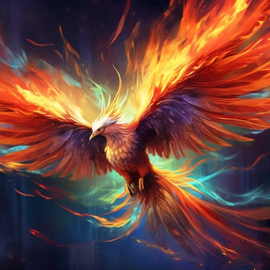 A majestic fire phoenix soaring through a magical sky ablaze with flames and energy – AI-generated mythic creature ideal for fantasy worldbuilding and rebirth symbolism.