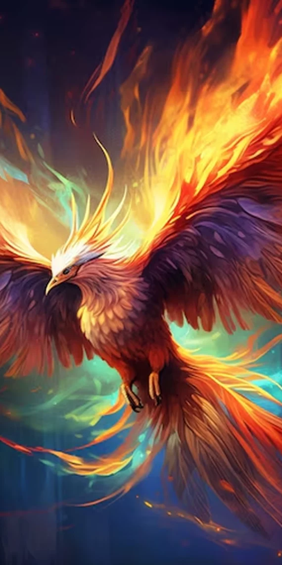 A majestic fire phoenix soaring through a magical sky ablaze with flames and energy – AI-generated mythic creature ideal for fantasy worldbuilding and rebirth symbolism.