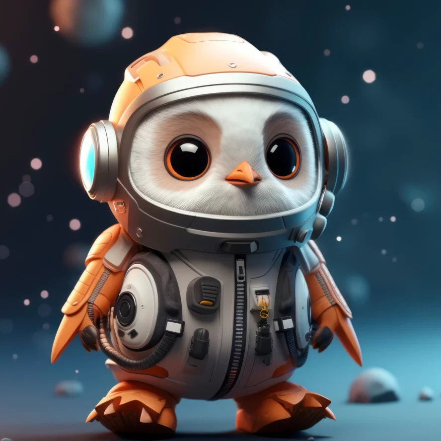 Adorable sci-fi penguin explorer in a futuristic orange-and-gray spacesuit, standing on a distant planet – AI-generated character design ideal for whimsical storytelling, space fantasy adventures, and immersive world creation in Summon Worlds.