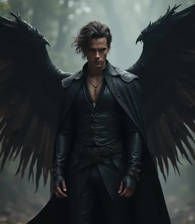 Mysterious warrior with expansive black wings standing in a misty forest, clad in dark leather armor – evokes dark fantasy lore, ideal for roleplaying avatars, gothic realms, or antagonist character arcs.